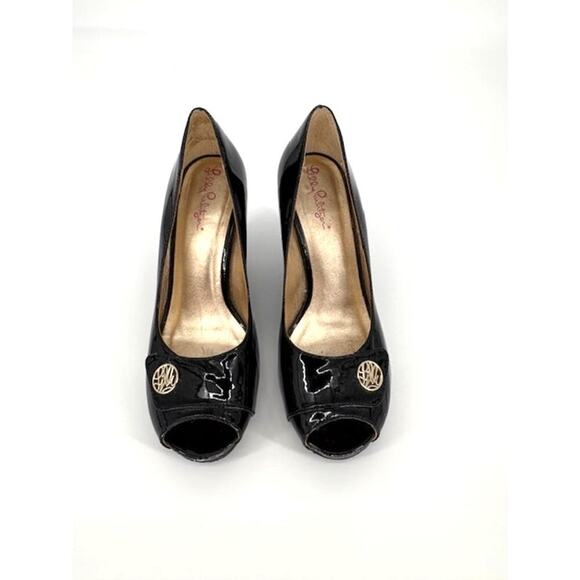 Lilly Pulitzer Patent Leather Peep Toe 3” Wedges in Black – Size 7.5 - Picture 2 of 9